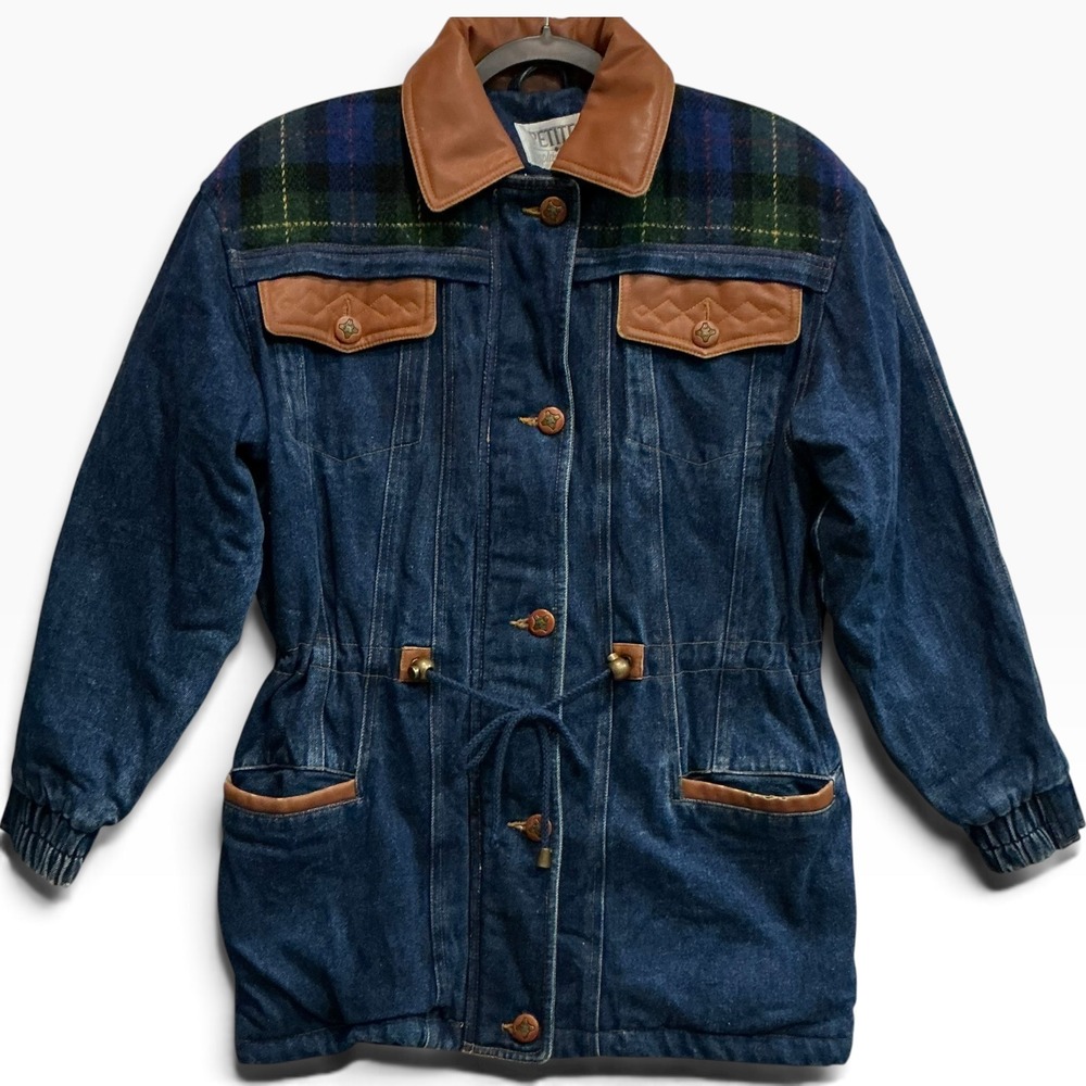 Petite Sophisticate Vintage 80s Denim Wool Plaid Barn Jacket Small P Blue Coat